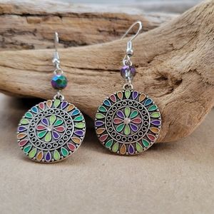 Multicolor Vintage Circle Silver Earrings